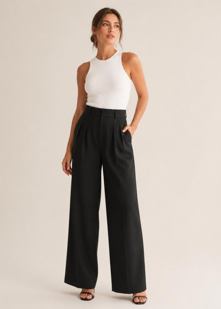 Pantalón de tela pierna ancha (13, Negro)