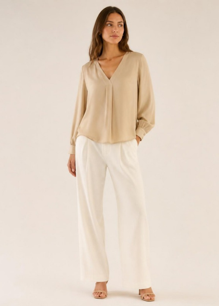 Blusa manga larga fluida (L, Beige)